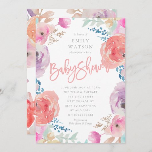 美しいベビーシャワー招待状フローラ水彩 招待状 (正面/裏面)