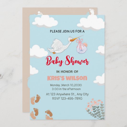 美しいベビーパーティー 招待状 (正面/裏面)