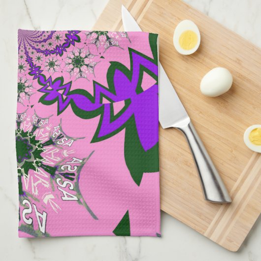 美しいベビーピンクフローラ紫の色合いモチーフ キッチンタオル (四つ折り)