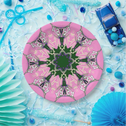 美しいベビーピンク紫の色合いのモチーフのモノグラム ペーパープレート (パーティー)