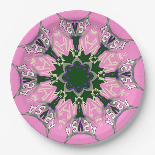 美しいベビーピンク紫の色合いのモチーフのモノグラム ペーパープレート (正面)