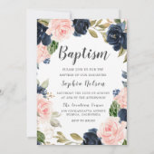 美しいベビーフォトネイビー&赤面フローラバプテスマ 招待状 (裏面)