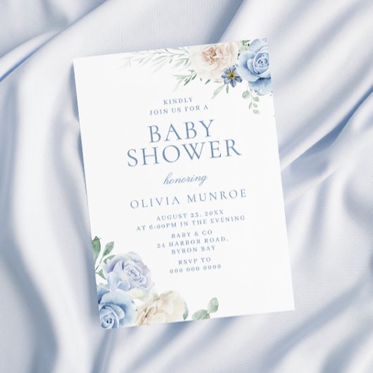 美しいベビーブルーフローラベビーシャワー 招待状
