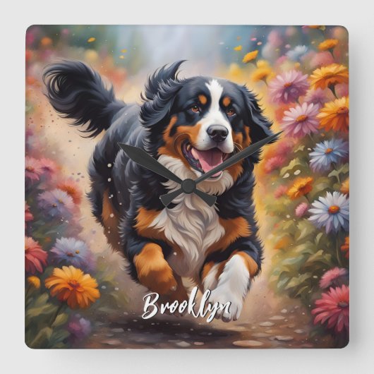 美しいベルネーズマウンテンドッグ&フラワーズ スクエア壁時計 (正面)