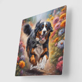 美しいベルネーズマウンテンドッグ&フラワーズ スクエア壁時計 (傾斜)