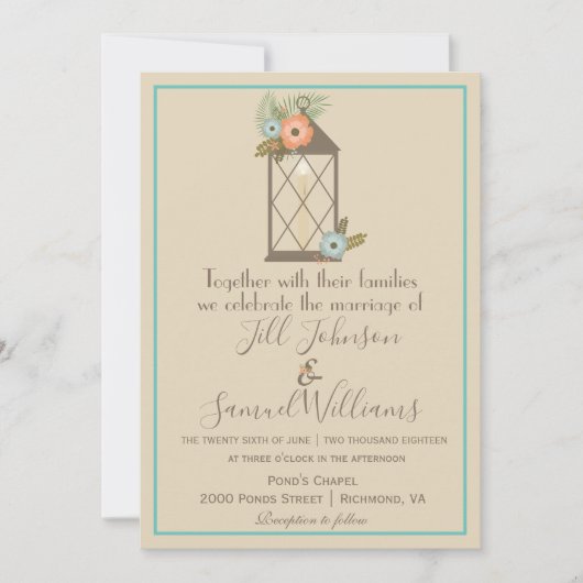 美しいベージュとブルーキャンドルランタン結婚ズ 招待状 (正面)