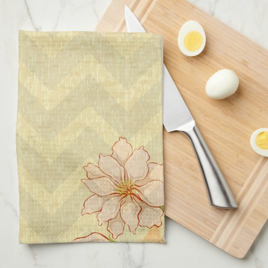 美しいベージュの花とカラフルストライプ キッチンタオル (四つ折り)