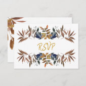 美しいベージュブルー金ゴールドの結婚葉 出欠カード (正面/裏面)