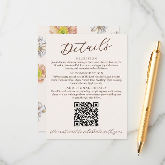 美しいベージュ結婚フローラの詳細とQRコード エンクロージャーカード (正面/裏面インサイチュ)