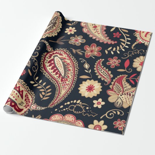 美しいペイズリーパターンダークネイビーとレッドミックス ラッピングペーパー (アンロールド)