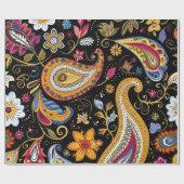 美しいペイズリーパターン黒カラフル ラッピングペーパー (フラット)