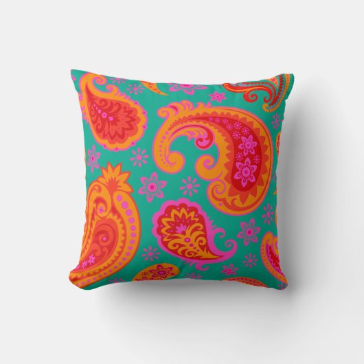 美しいペイズリー|ティール（緑がかった色）オレンジ赤 クッション (正面)