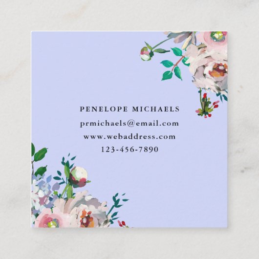 美しいペリウィンクルブルーに水彩フラワーデザイン スクエア名刺 (裏面)