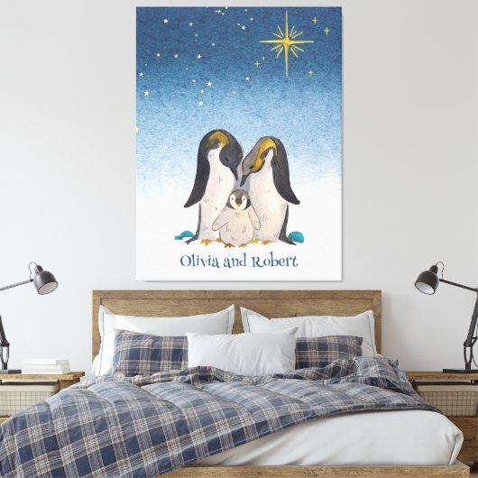美しいペンギンの家族の水色 キャンバスプリント (インサイチュ (寝室))
