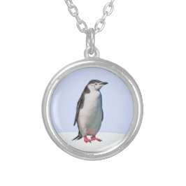 美しいペンギンの鳥がライトブルーの背景に シルバープレートネックレス