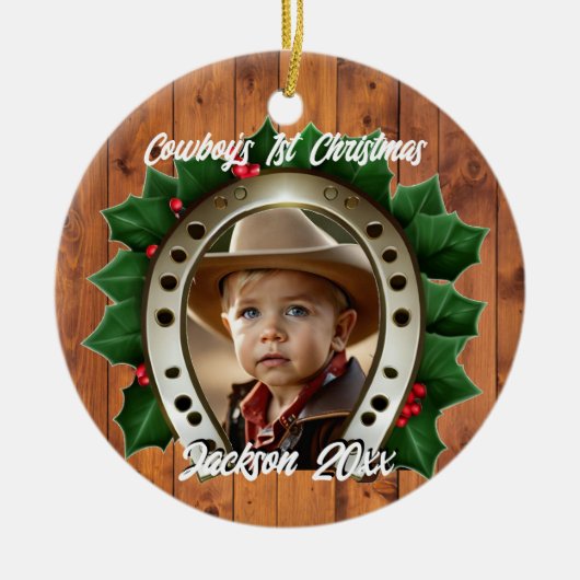 美しいホリーと馬蹄型の初めてのクリスマス セラミックオーナメント (正面)