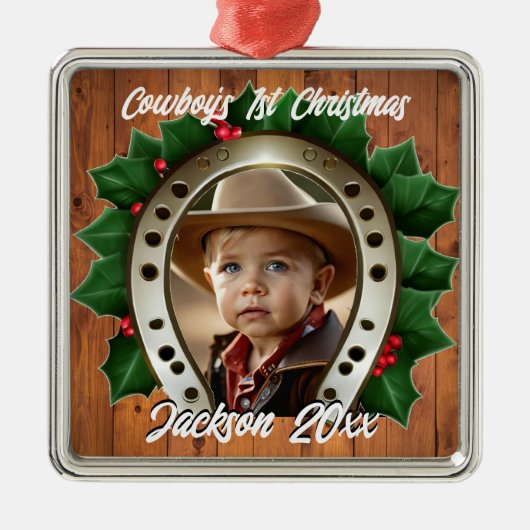 美しいホリーと馬蹄型の初めてのクリスマス メタルオーナメント (正面)