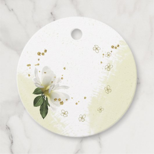美しいホワイトゴールドの花と新緑のギフトタグ フェイバータグ (正面)