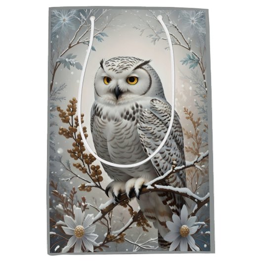 美しいホワイトスノーウィークフクロウ冬テーマ ミディアムペーパーバッグ (正面)