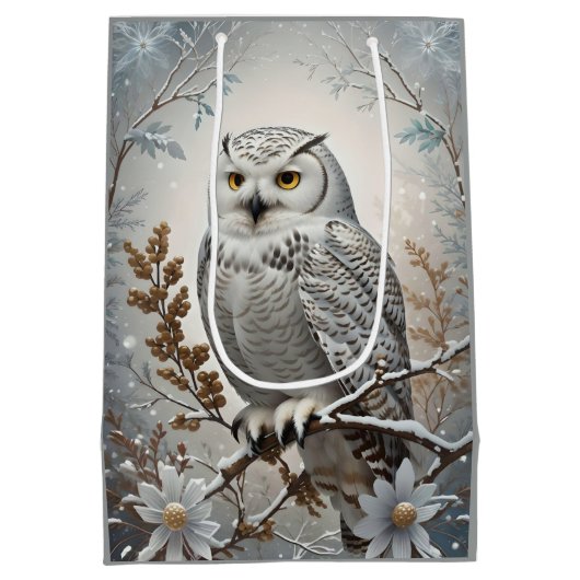 美しいホワイトスノーウィークフクロウ冬テーマ ミディアムペーパーバッグ (裏面)