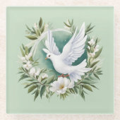 美しいホワイトピース鳩 ガラスコースター (正面)