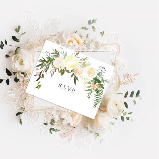 美しいホワイトローズフローラ結婚式RSVPポストカード インビテーションポストカード