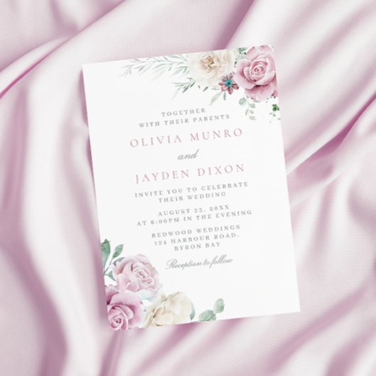 美しいボタニカルホワイト&ブッシュ フラワー ウェディング 招待状