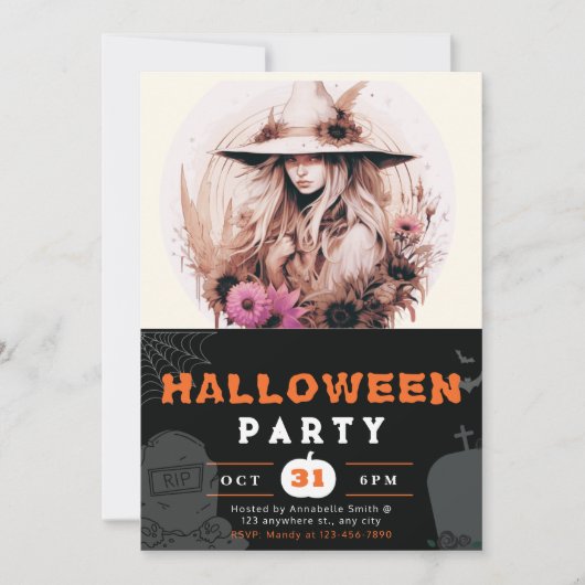 美しいボヘミアンウィッチハットフラワーハロウィーン 招待状 (正面)