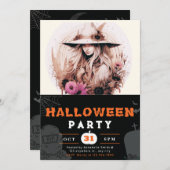 美しいボヘミアンウィッチハットフラワーハロウィーン 招待状 (正面/裏面)