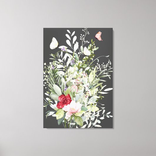 美しいボホバタフライブーケダークグレー キャンバスプリント (正面)