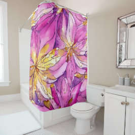 美しいボホピンクと金ゴールドフローラルパターン シャワーカーテン