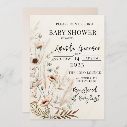 美しいボホフラワーベビーシャワー招待状 案内状 (正面/裏面)
