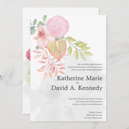 美しいボホラブリーウォーター色の結婚花 招待状 (正面/裏面)