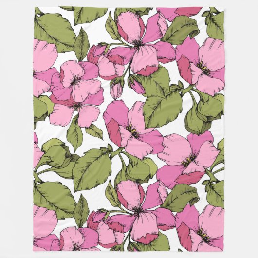 美しいボホ植物花柄ピンクグリーン フリースブランケット (正面)