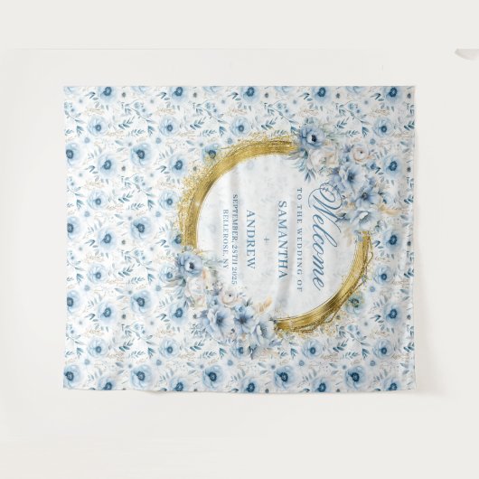 美しいボーホパステルブルーゴールドのウェディングバナー タペストリー (正面(横))