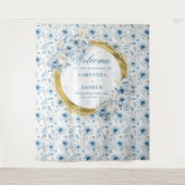 美しいボーホーパステルブルーゴールドのウェディングバナー タペストリー (正面)