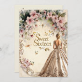 美しいボールガウンエレガントピンクの花 招待状 (正面/裏面)