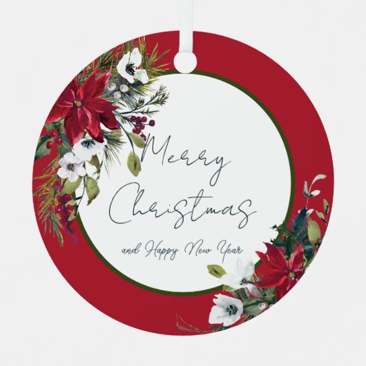 美しいポインセチアのフレーム　クリスマス　ホリデー　メタ メタルオーナメント (正面)