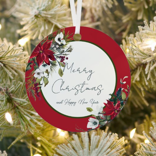 美しいポインセチアのフレーム　クリスマス　ホリデー　メタ メタルオーナメント (インサイチュ)