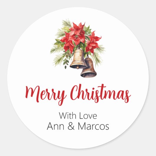 美しいポインセチア緑の葉のクリスマス ラウンドシール (正面)