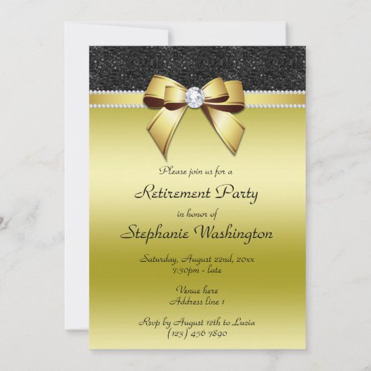 美しいポッシュ金ゴールドとブラックジュエルリタイアメント 招待状 (裏面)