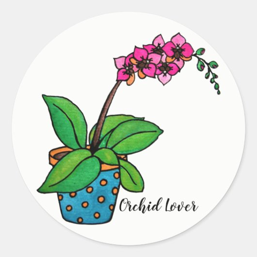 美しいポットの水彩蘭の植物 ラウンドシール (正面)