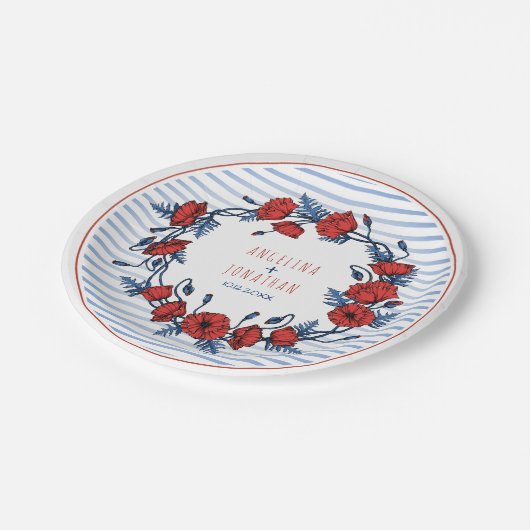 美しいポピーリースフローラ&ストライプ結婚ズ ペーパープレート (アングル)