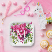 美しいマゼンタのワイルドローズ モノグラム入り ペーパープレート (パーティー)