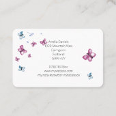 美しいマゼンタピンクとブルーバタフライスクエア 名刺 (裏面)