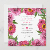 美しいマゼンタピンクの芍薬の花をフィーチャーしたウェディング 招待状 (正面)