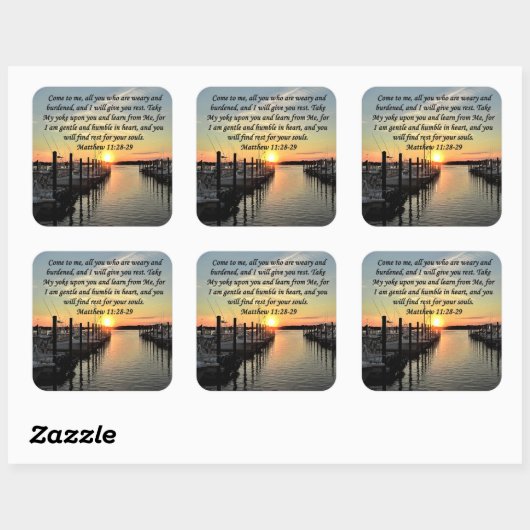 美しいマタイ11:28湖の上の夕日の写真 スクエアシール (シート)