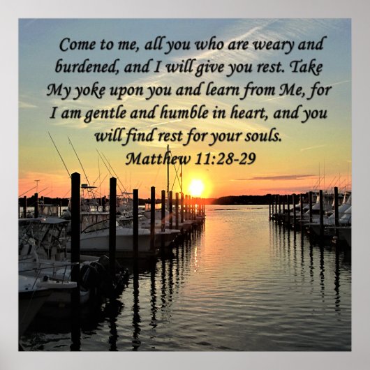 美しいマタイ11:28湖の上の夕日の写真 ポスター (正面)