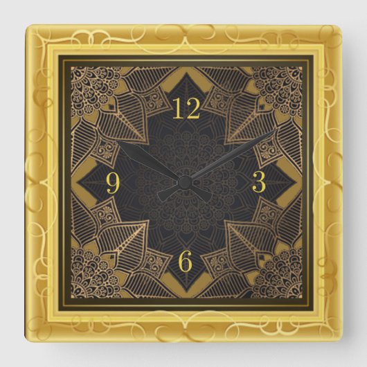 美しいマンダラ金ゴールド スクエア壁時計 (正面)