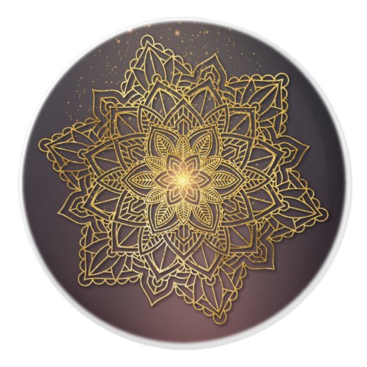 美しいマンダラ、黒と金ゴールド セラミックノブ (正面)